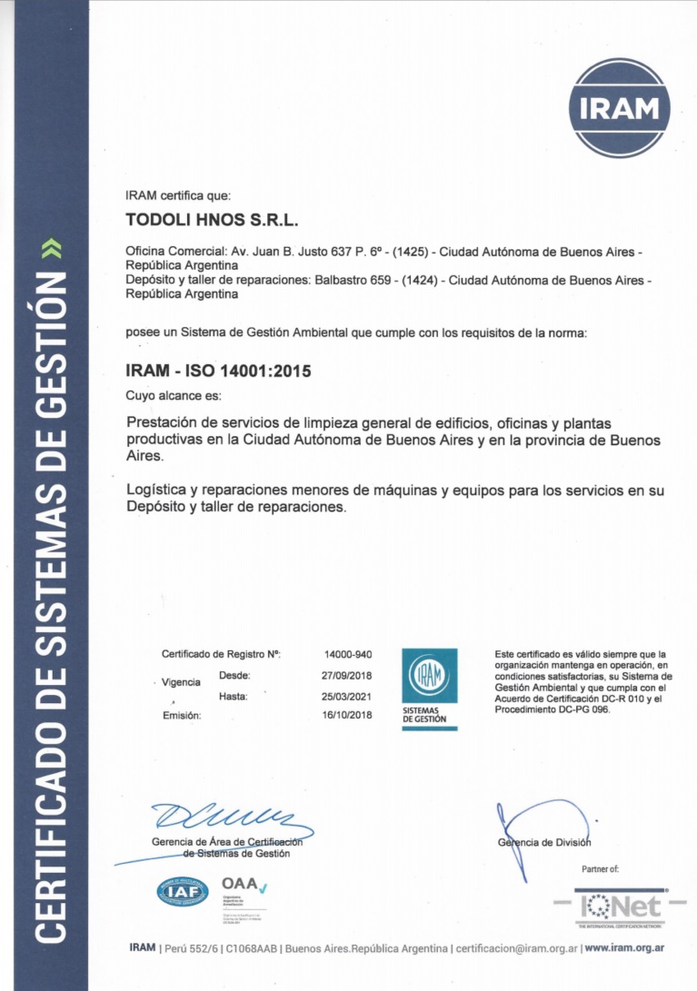 Certificacion ISO 14001 de Todoli Hermanos SRL